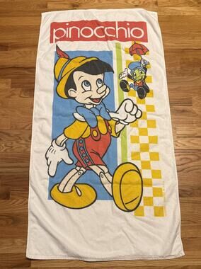 Vtg 80s Disney Pinocchio Beach Towel Franco 27.5" x 53"